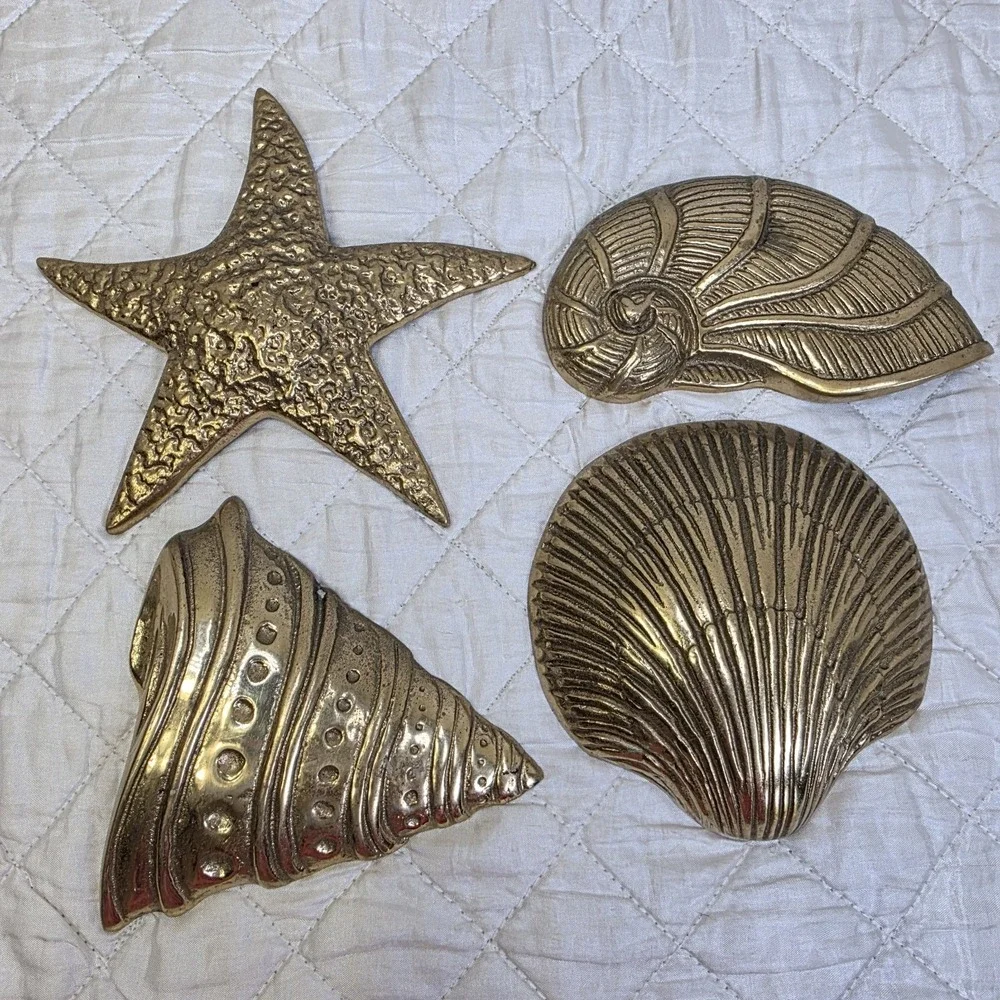 Vintage MCM Solid Brass Sea Shells Starfish Wall Hanging Decor Set of 4 Art Deco